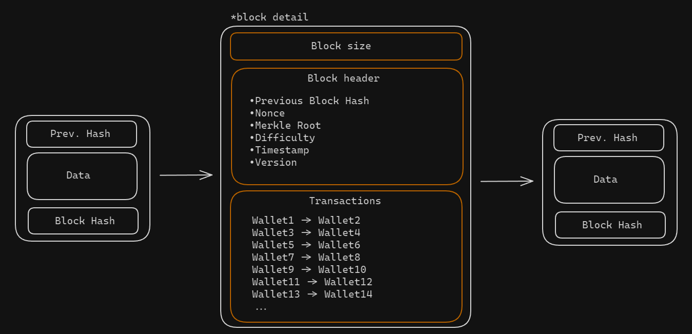 Bitcoin blockchain structure diagram showing cryptographically linked blocks containing timestamps, transaction data, and references to previous blocks in the distributed ledger